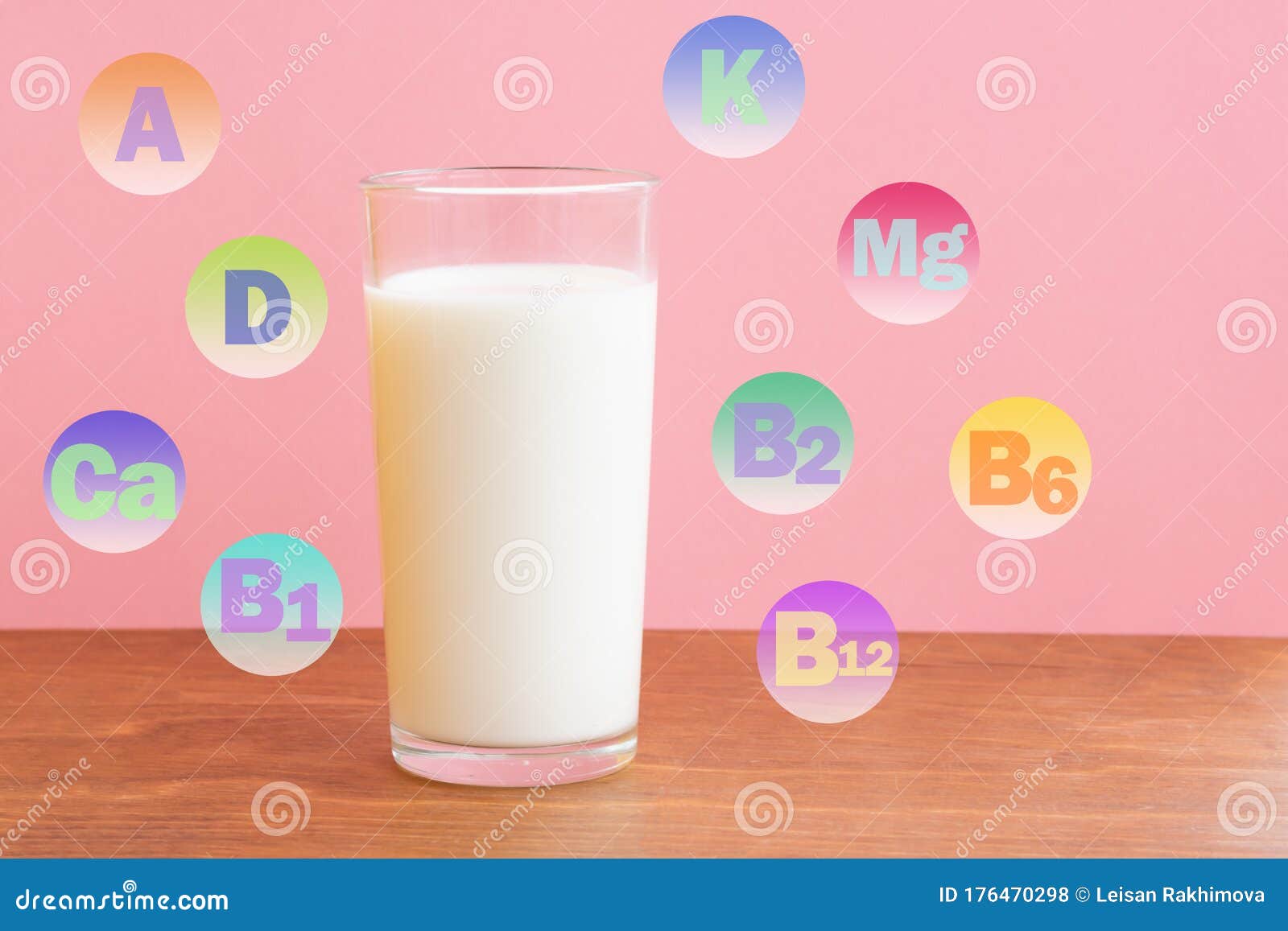 glass of fresh milk on wooden table with pink background. milk in glass with chemical abbreviations of vitamins and minerals