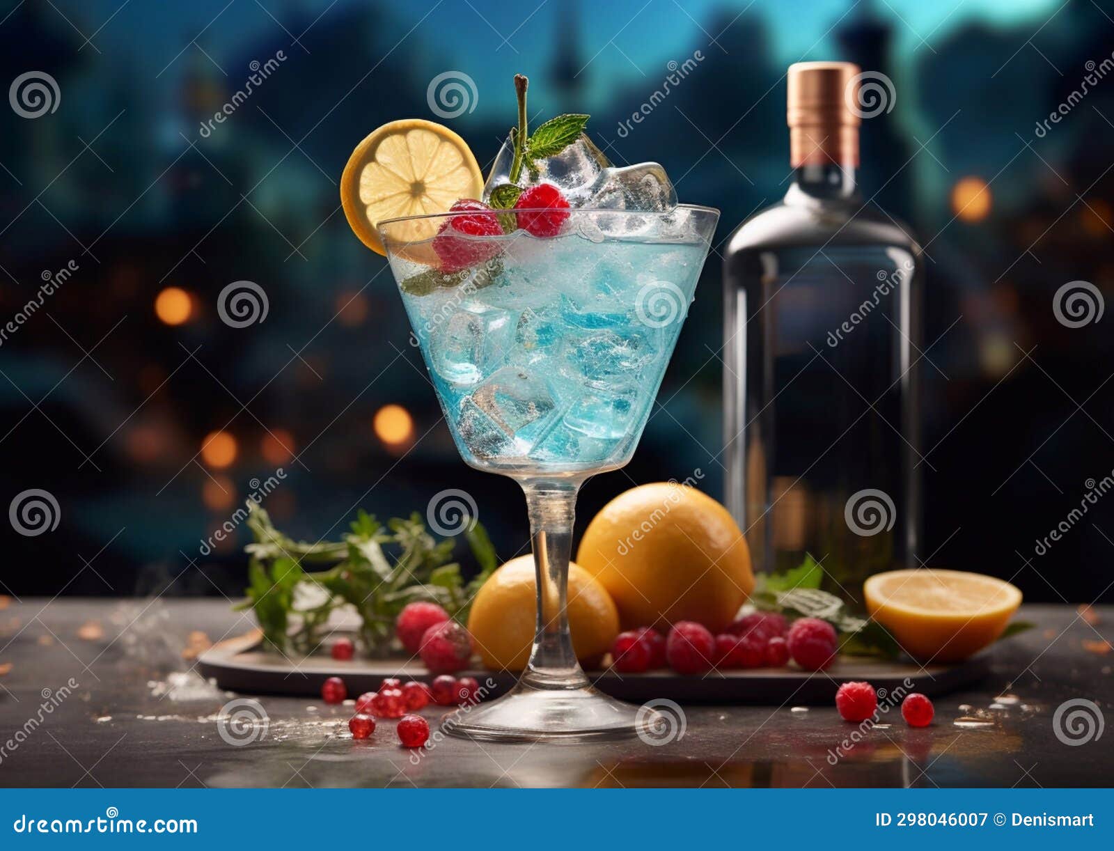 Glass with Gin and Tonic Cocktail with Orange Slice and Bottle on