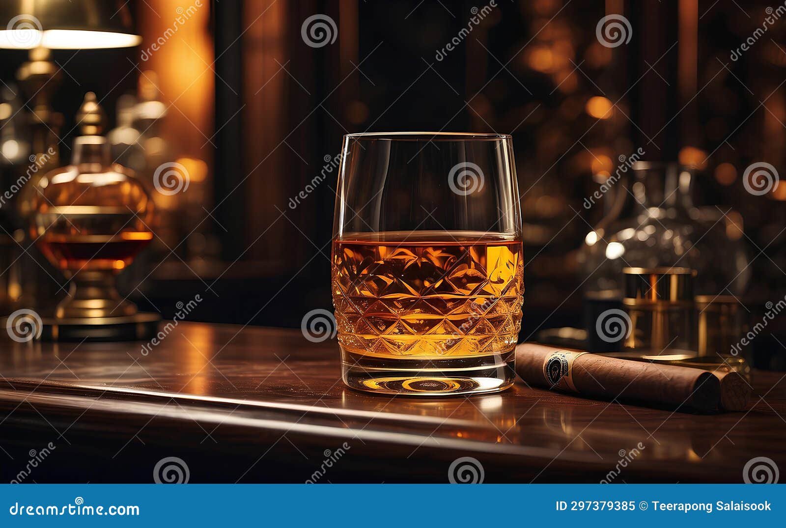 a glass of golden rum and cigar with luxury room background