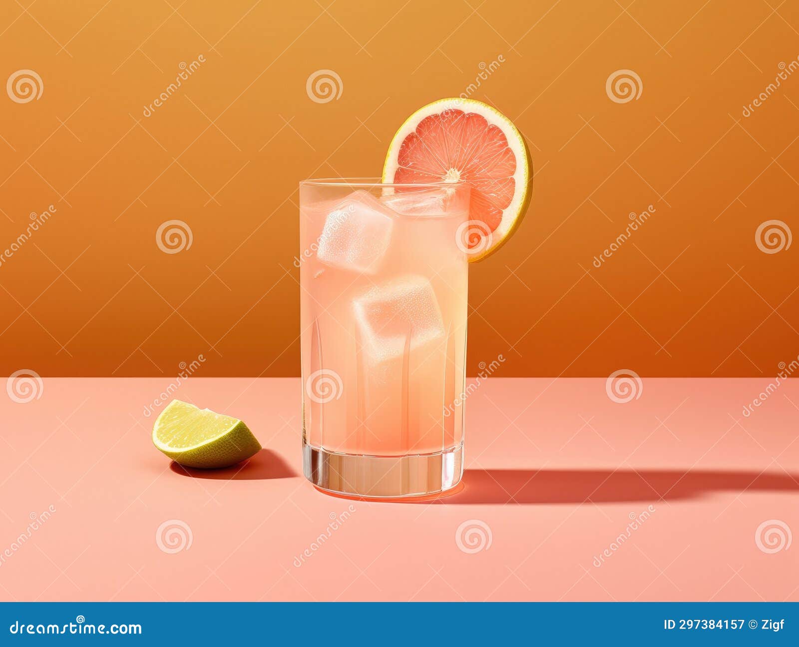 Glass of Grapefruit Juice with Ice Cubes and a Slice of Grapefruit on a