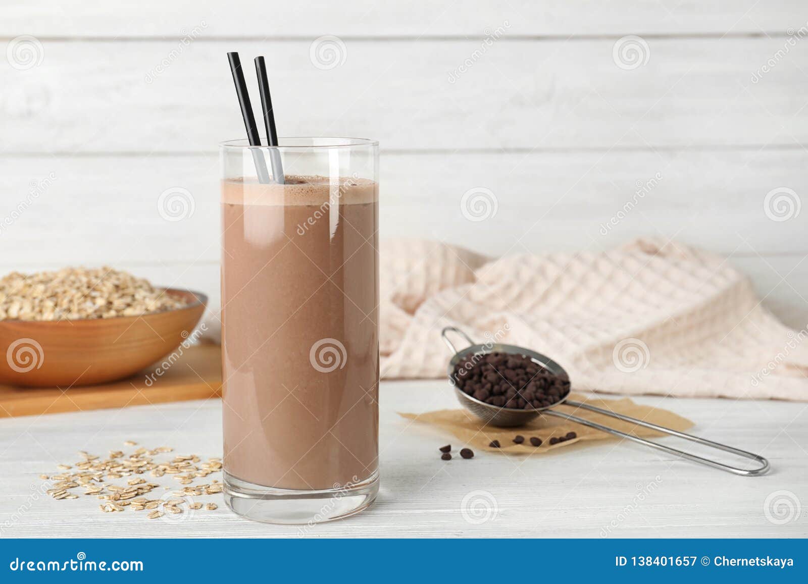 Glass with Healthy Protein Shake and Ingredients on Table Stock Image