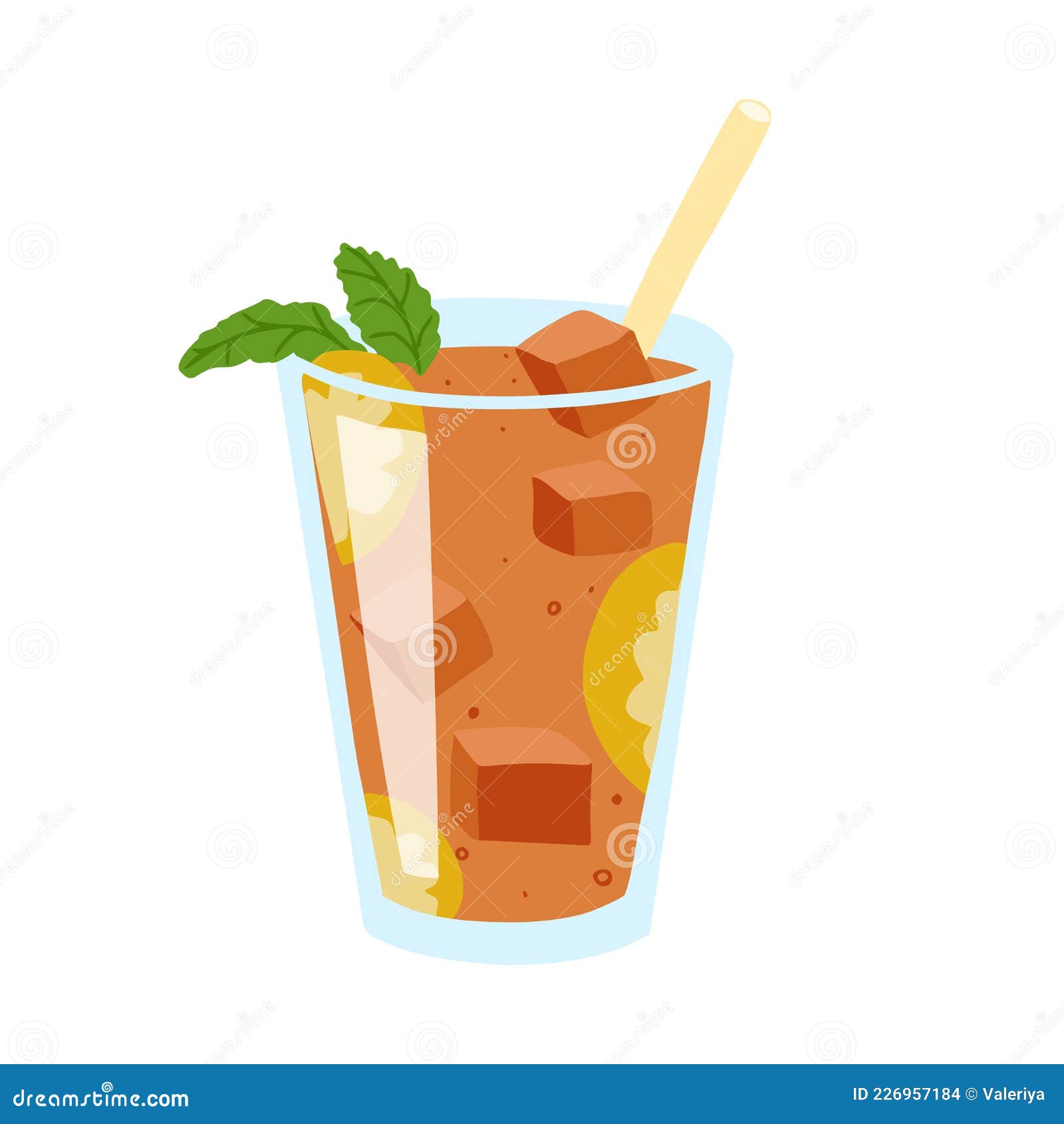 Plastic cup with lid. Ice tea with sliced lemon and mint. Abstract concept.  Vector illustration. Stock Vector