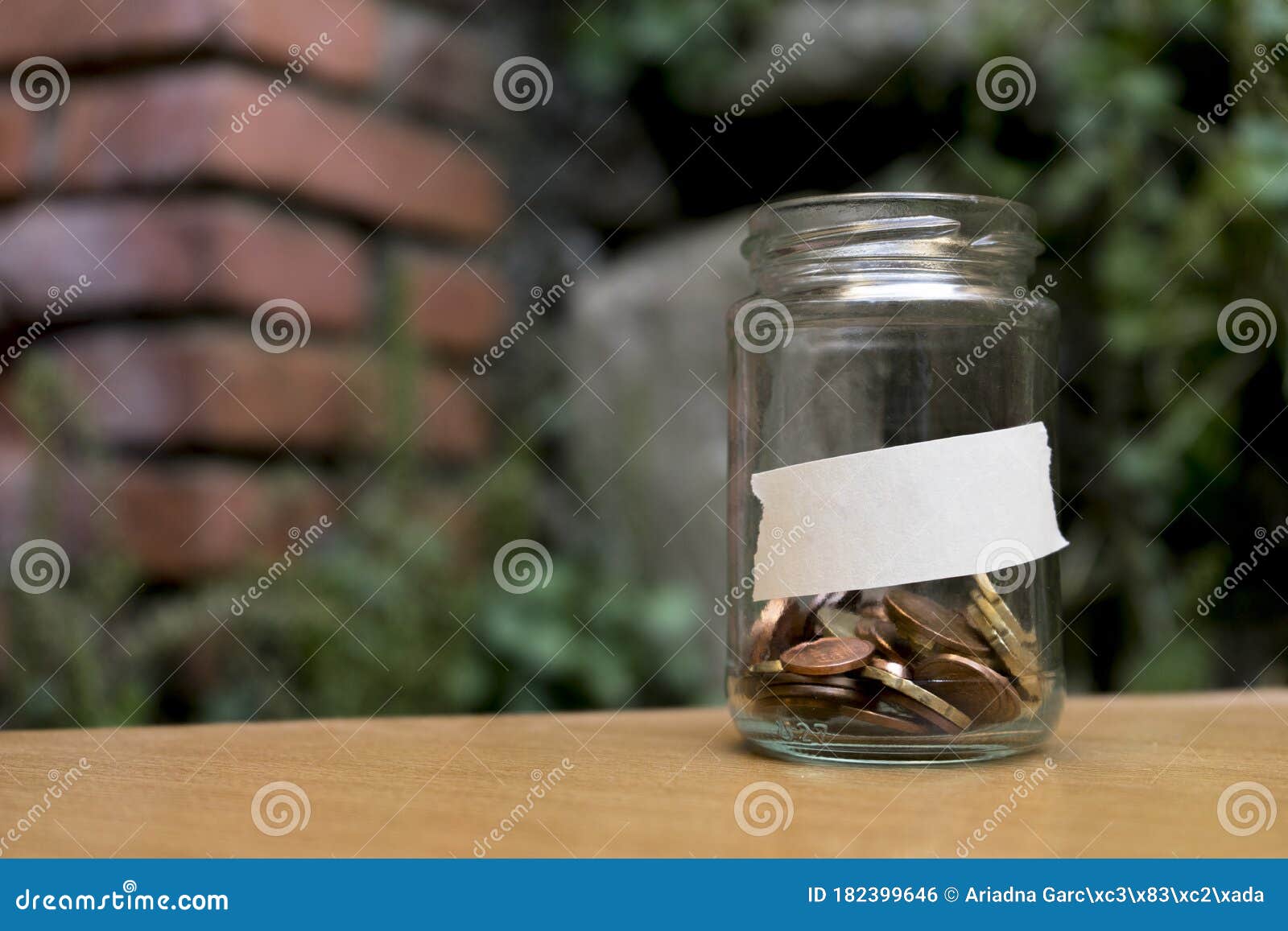 glass jar with coins inside and with a label with a wooden background, plants and bricks.