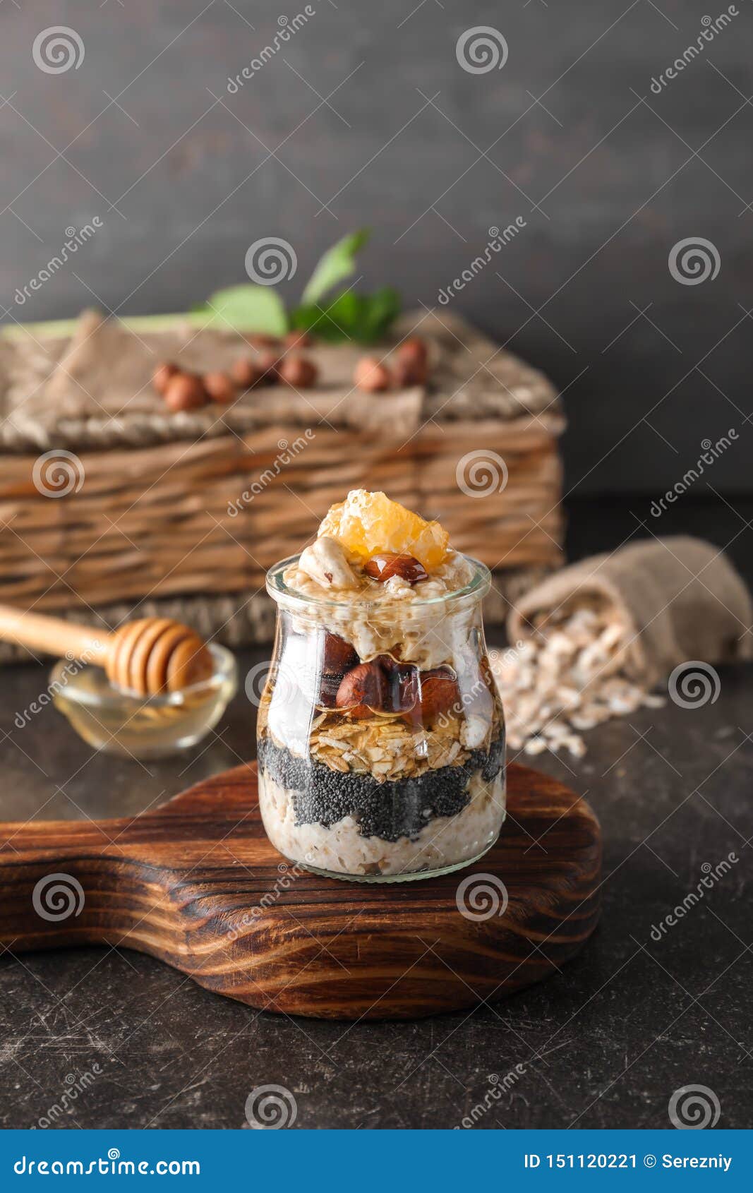 Glass Jar with Delicious Oatmeal Dessert on Table Stock Image Image