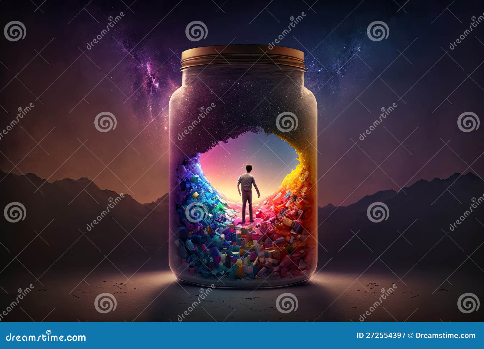 Glass Jar with Fantasy World Inside. Capturing Dream Concept. Created with Generative AI Stock