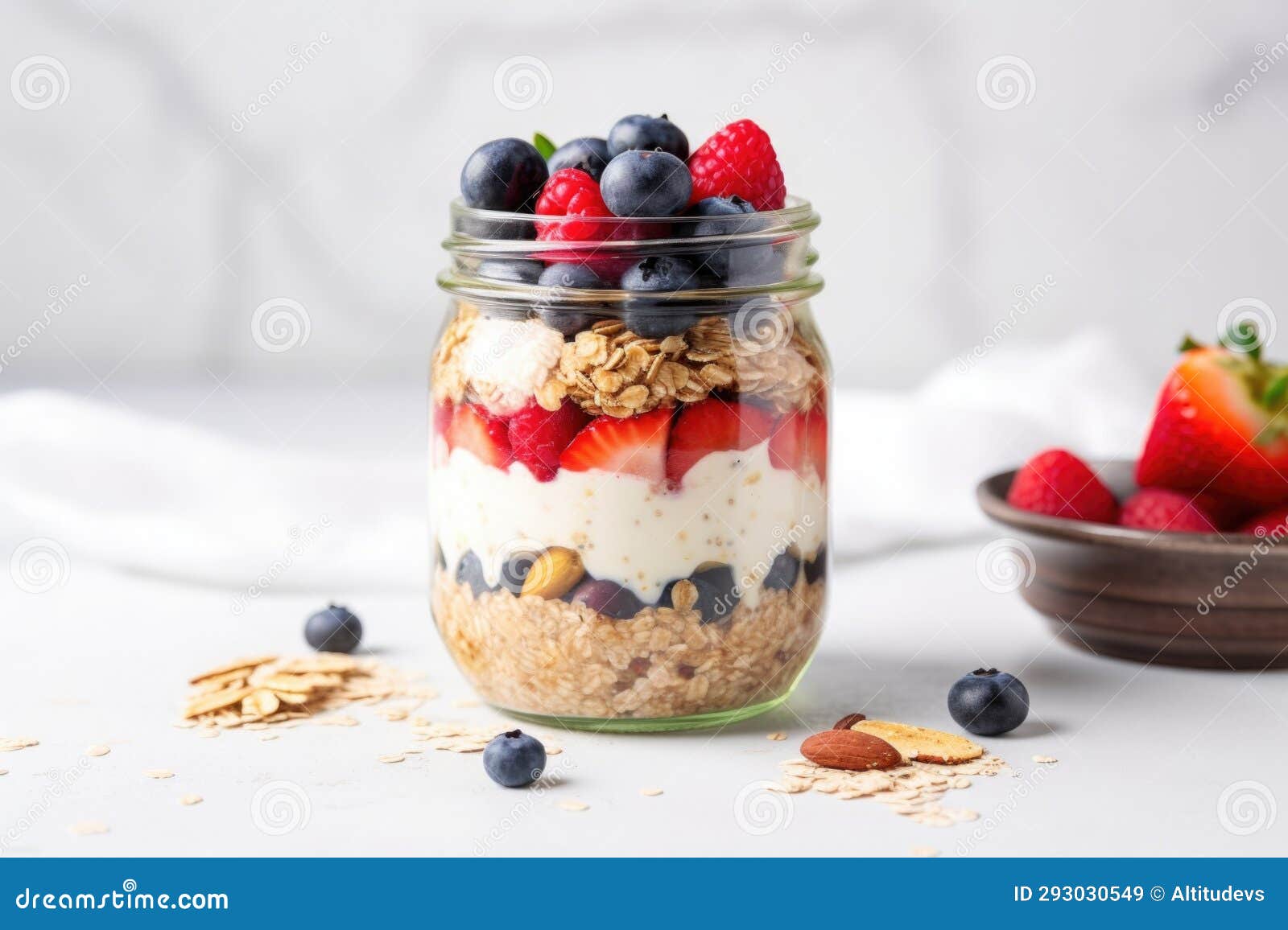 glass jar filled with overnight oats, berries, and nuts