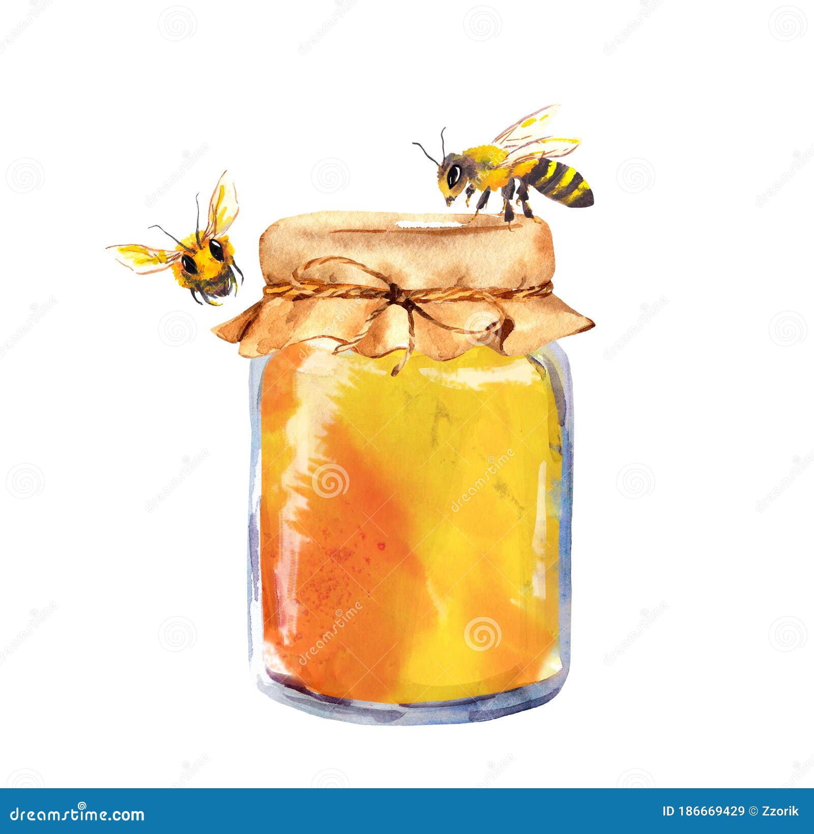 glass jar full of honey, bees. watercolor 
