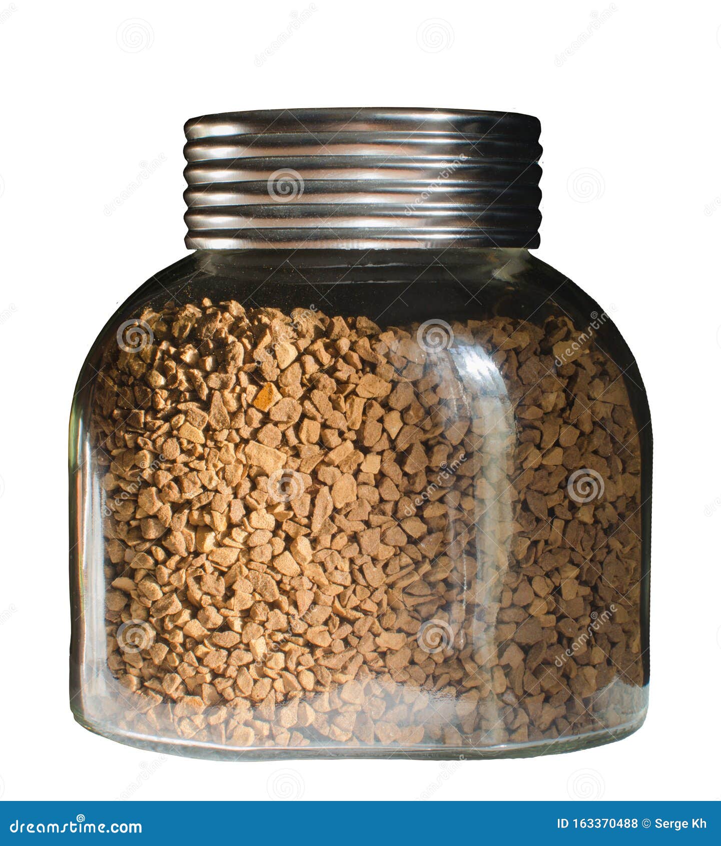 Glass Jar of Instant Coffee in Large Granules. Isolated on a White