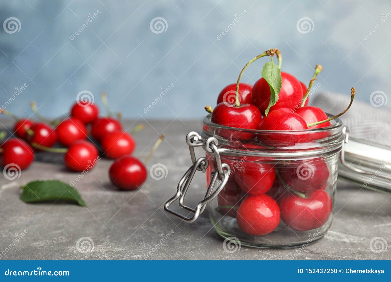 Glass Jar with Ripe Sweet Cherries on Grey Table Stock Photo Image of