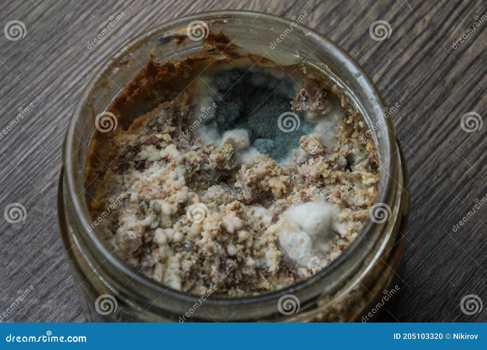 Glass Jar with Spoiled Meat Stew with Mold Stock Photo Image of