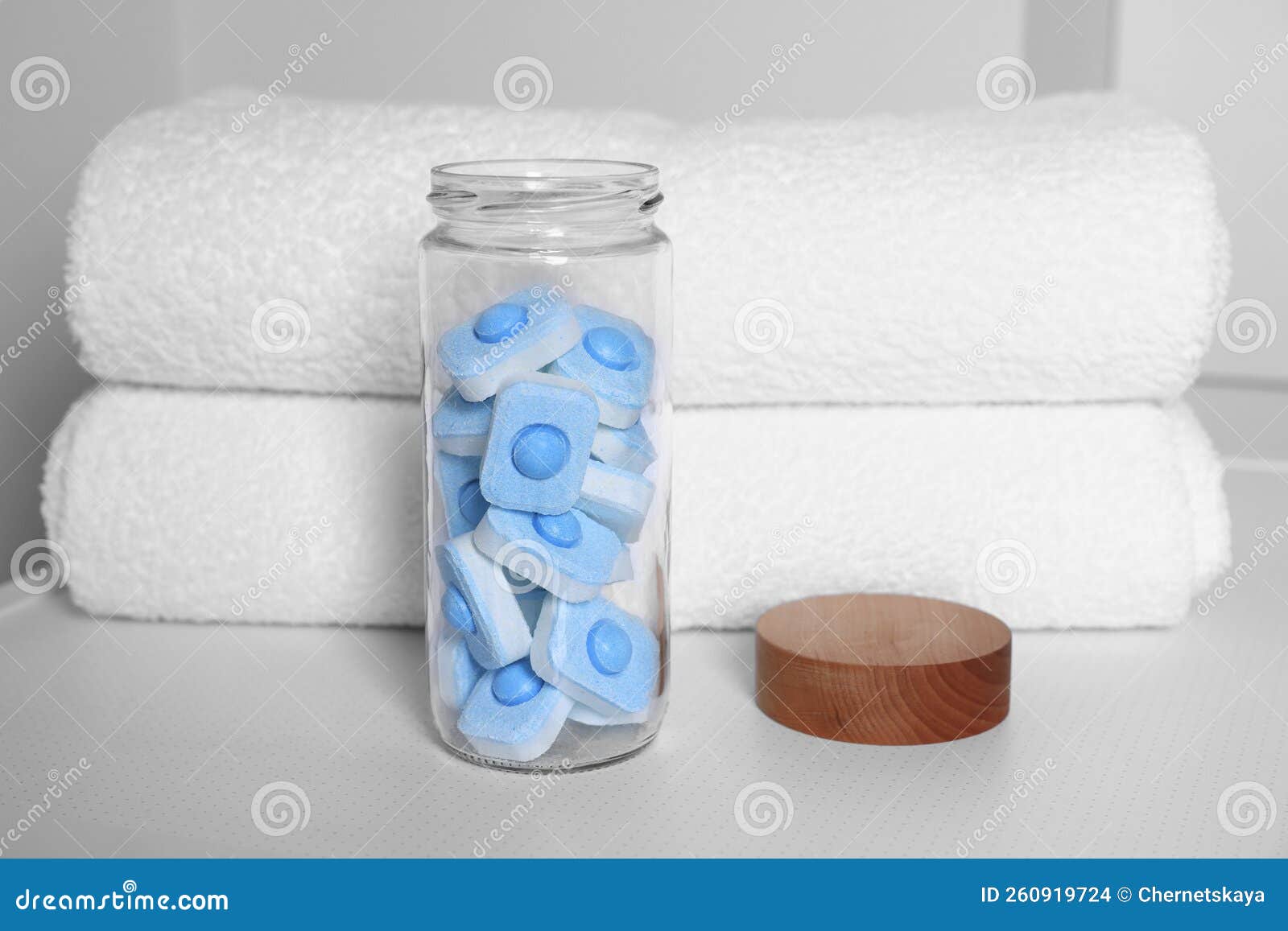 Glass Jar with Water Softener Tablets on Washing Machine in Bathroom Stock Photo Image of