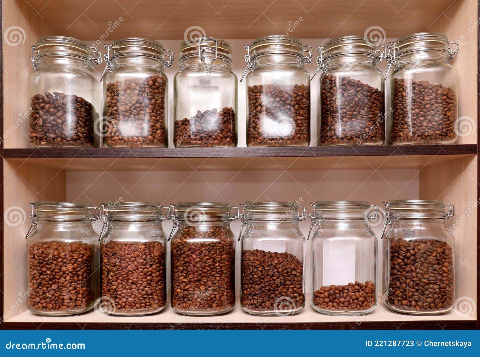 Glass Jars with Coffee on Rack Stock Image Image of aroma, bean