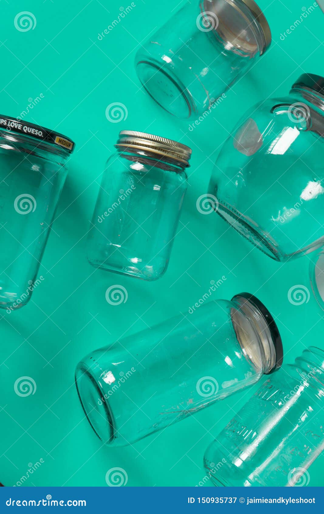 Glass Jars with Lids, Teal Green Background, Top View Flat Lay ...