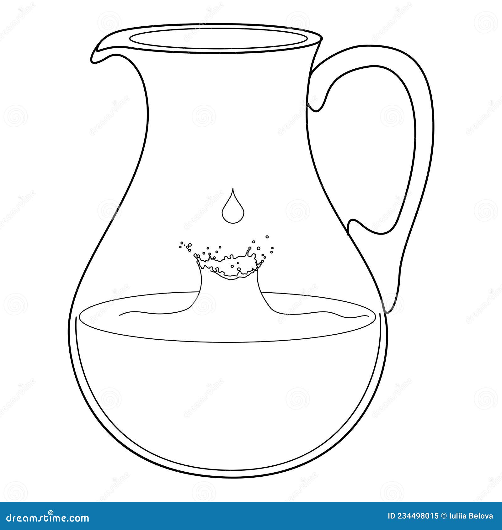 Glass Jug with Water. Falling Drop of Water. Line Drawing Stock