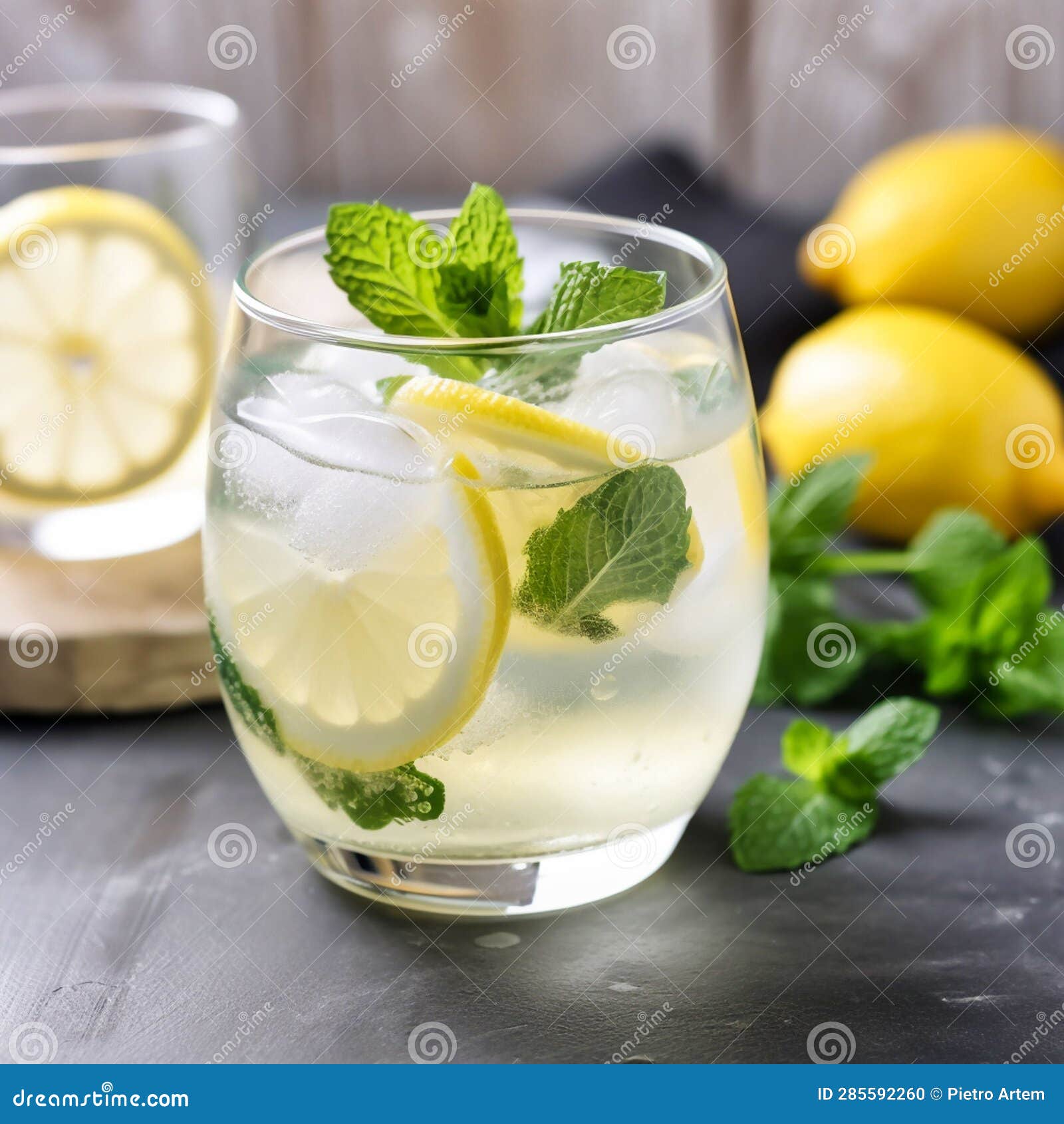 A Glass of Lemonade with Ice and Mint, Generative AI Stock Photo
