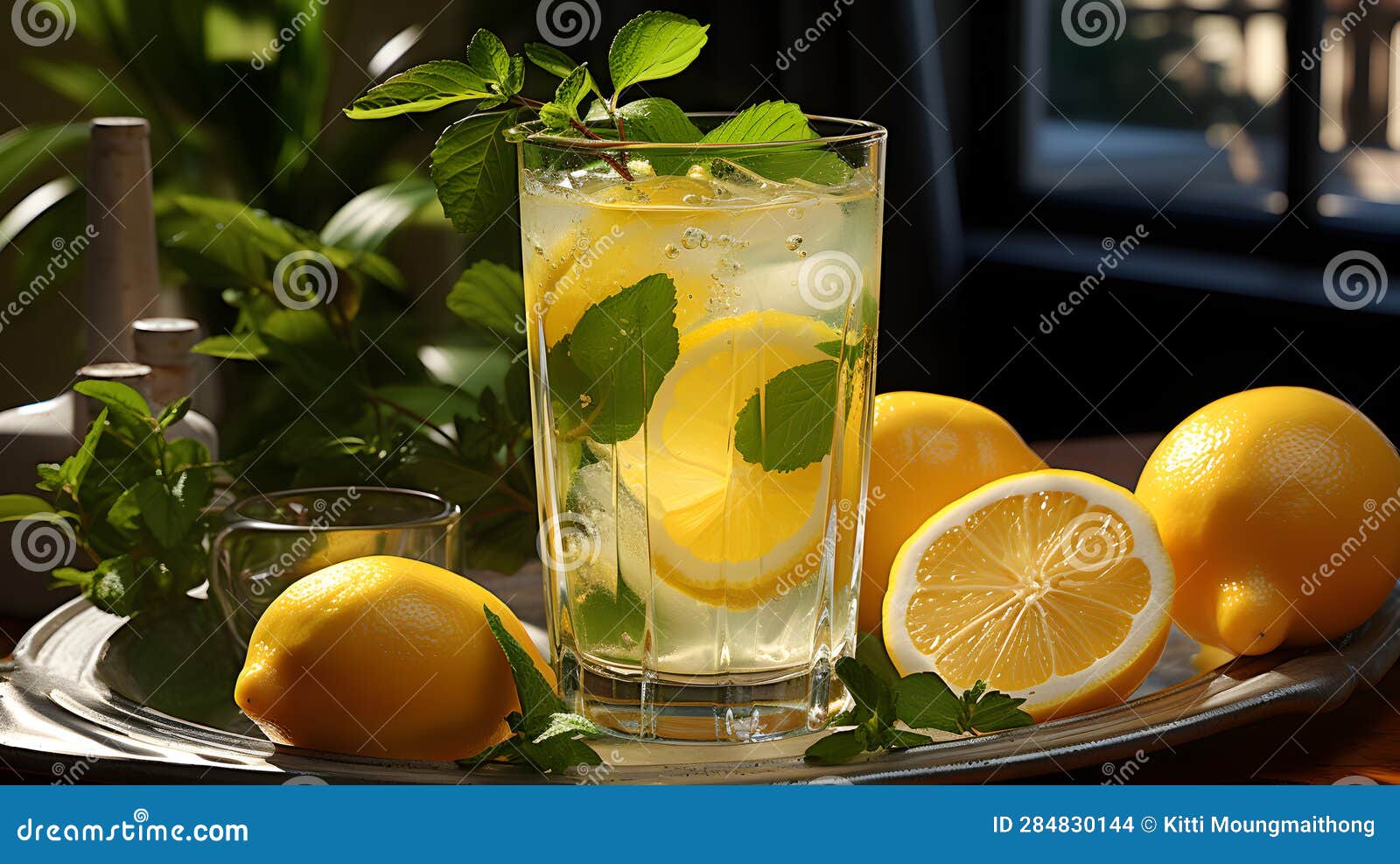 Glass of Lemonade or Lemon Juice and Cut Fresh Lemons Stock