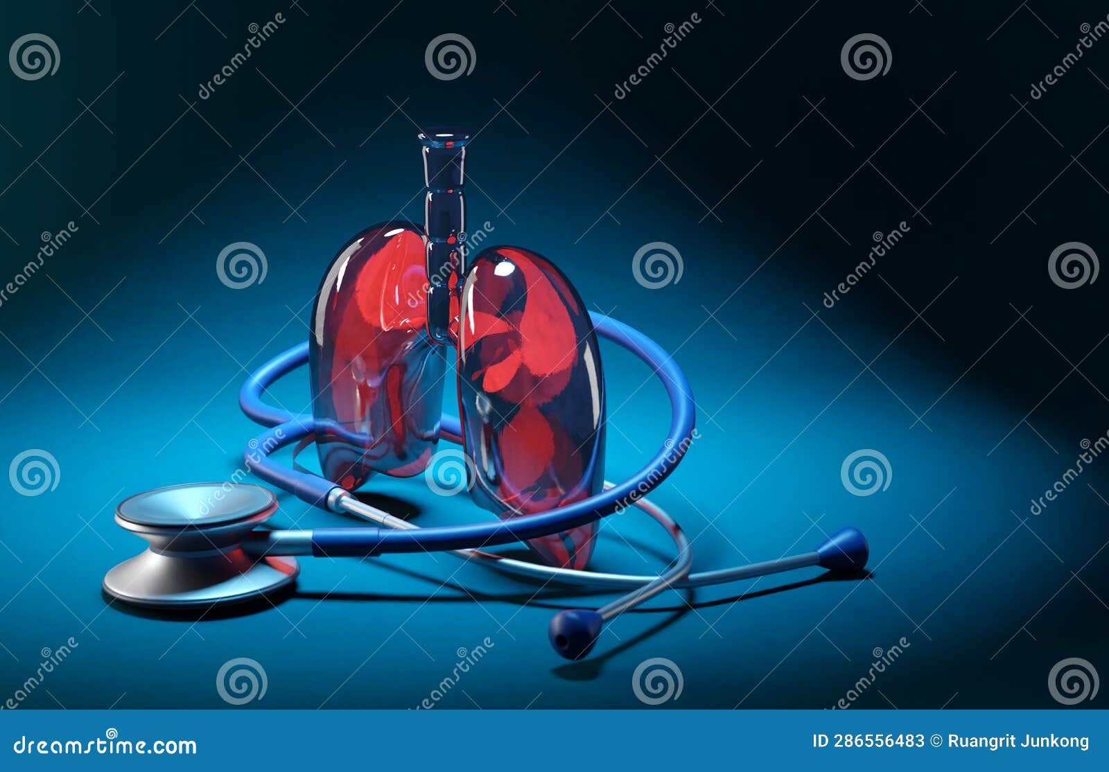 Glass Lung and a Stethoscope, Check Up Concept, 3d Stock Illustration