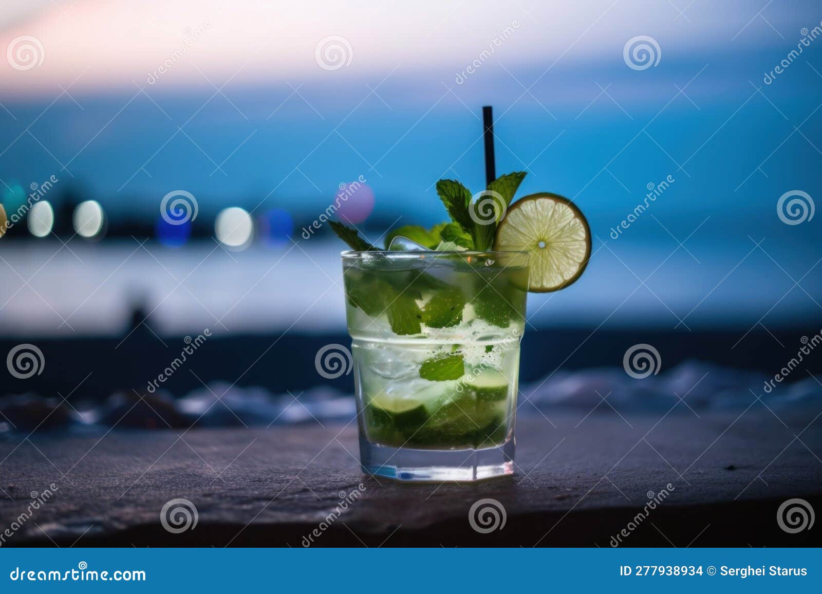 a glass of mojita with a lime slice on the rim. generative ai image.