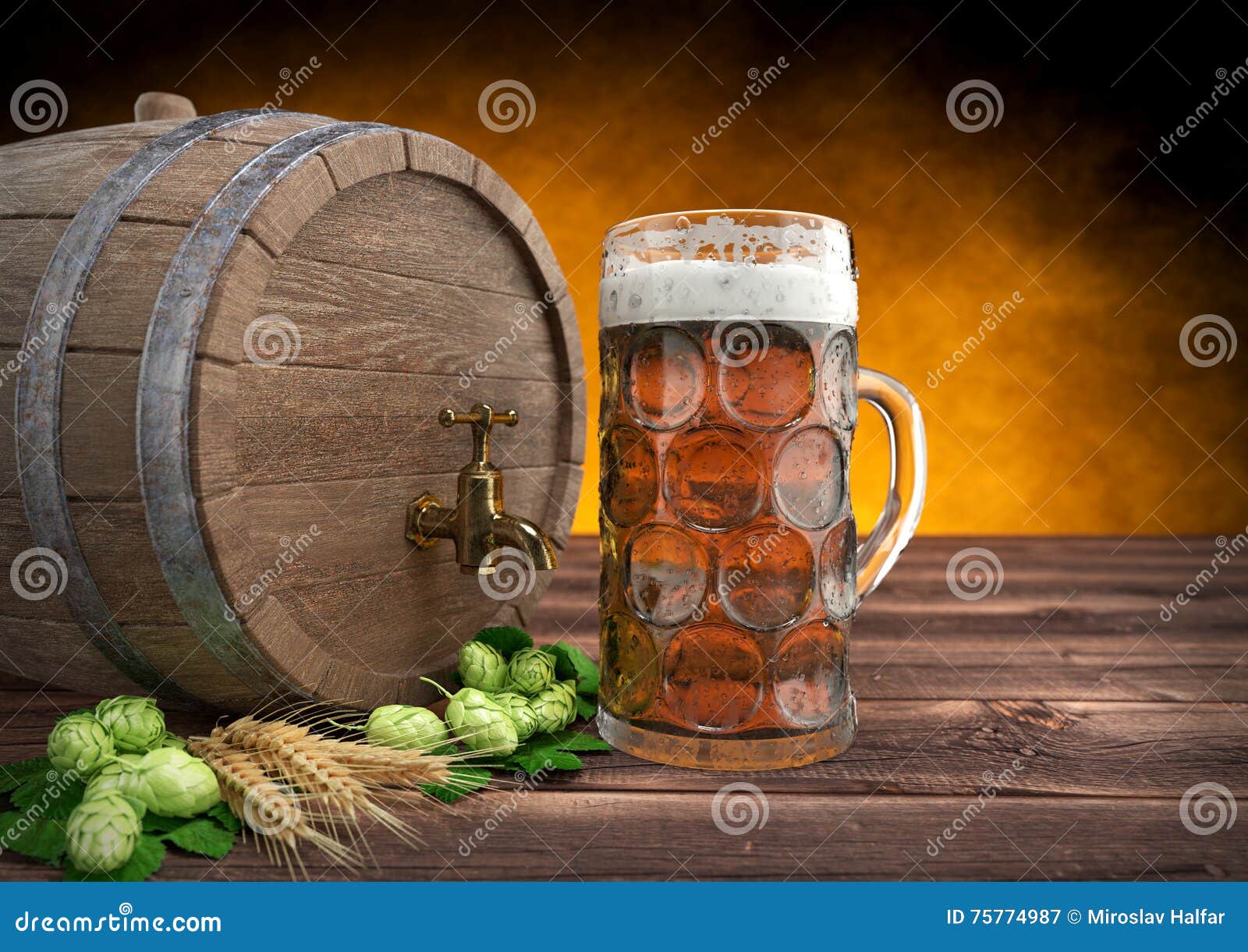 collegegeld opgroeien mannelijk Glass of Oktoberfest Beer with Keg, Barley and Hops. 3D Render Stock  Illustration - Illustration of desk, fest: 75774987