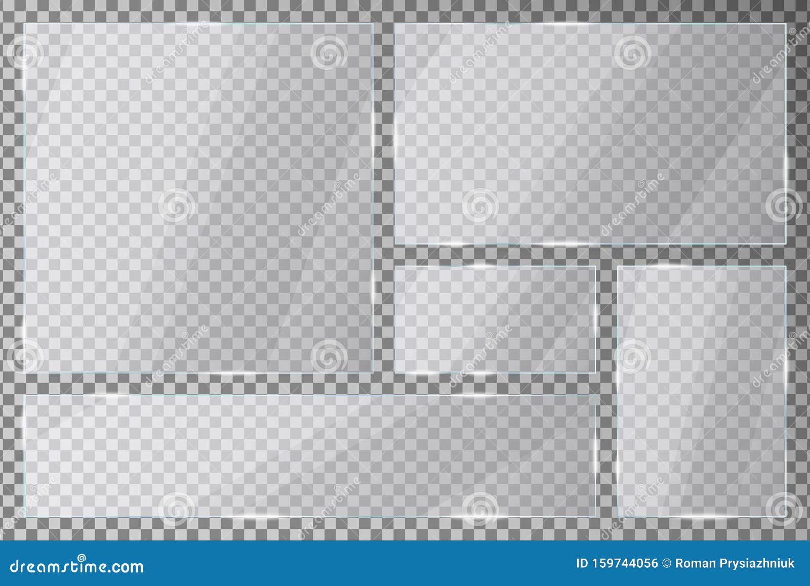 glass plates set on transparent background. acrylic or plexiglass plates with gleams and light reflections in rectangle and square