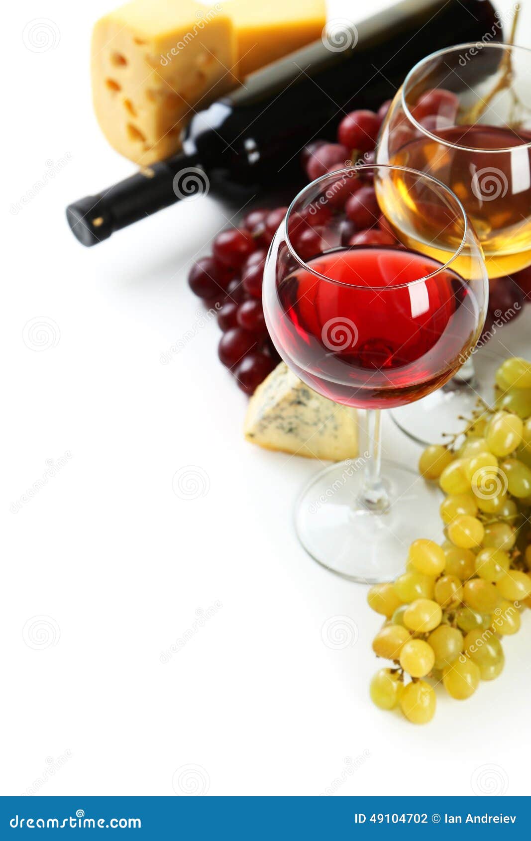 Glass of Red and White Wine, Cheeses and Grapes Isolated on a White