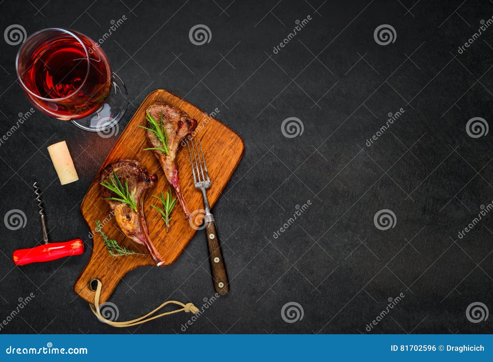 Glass Rose Wine with Lamb Steak on Copy Space Stock Photo Image of