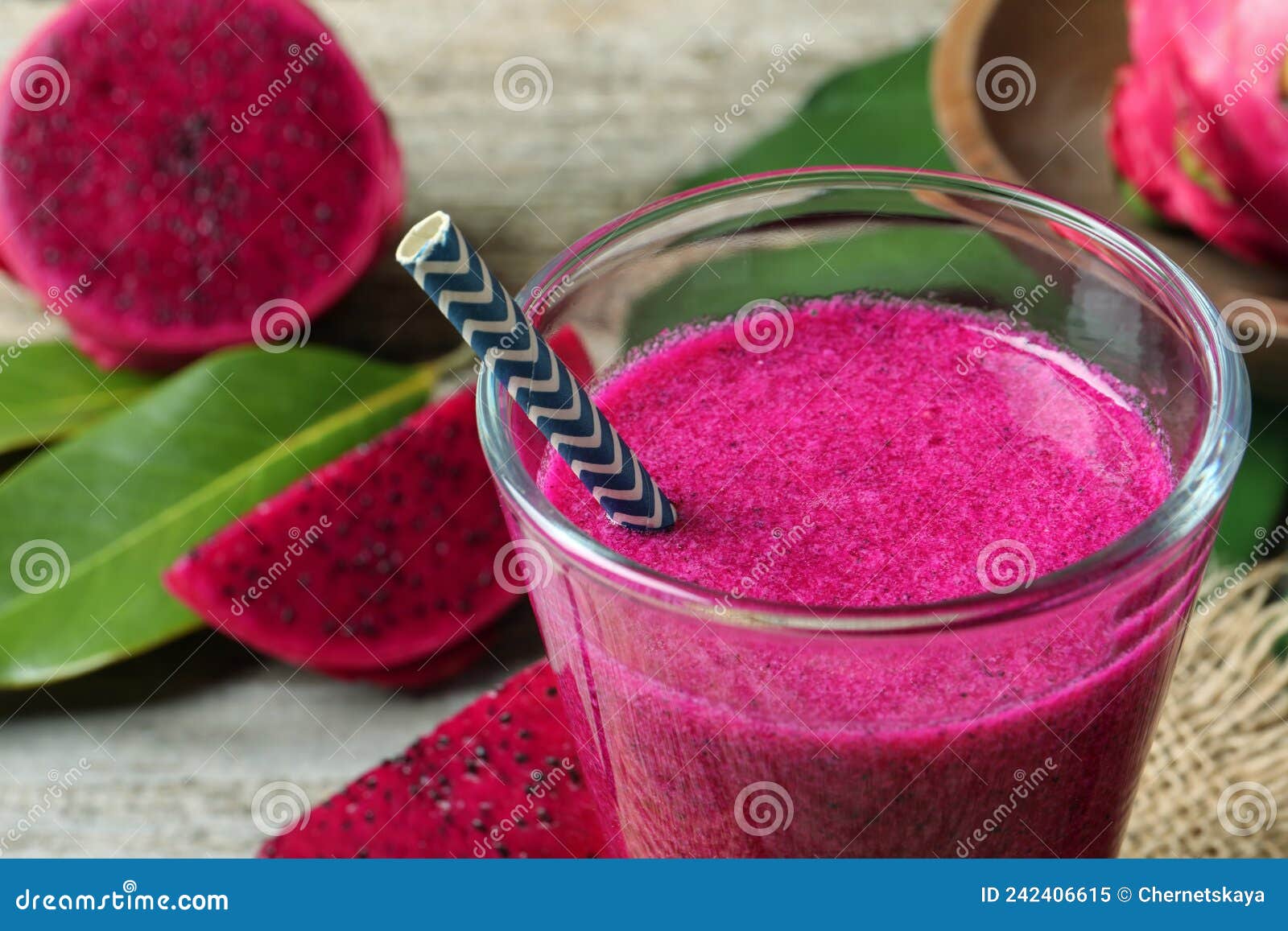 Glass of Tasty Pitahaya Smoothie with Straw on Table, Closeup View ...