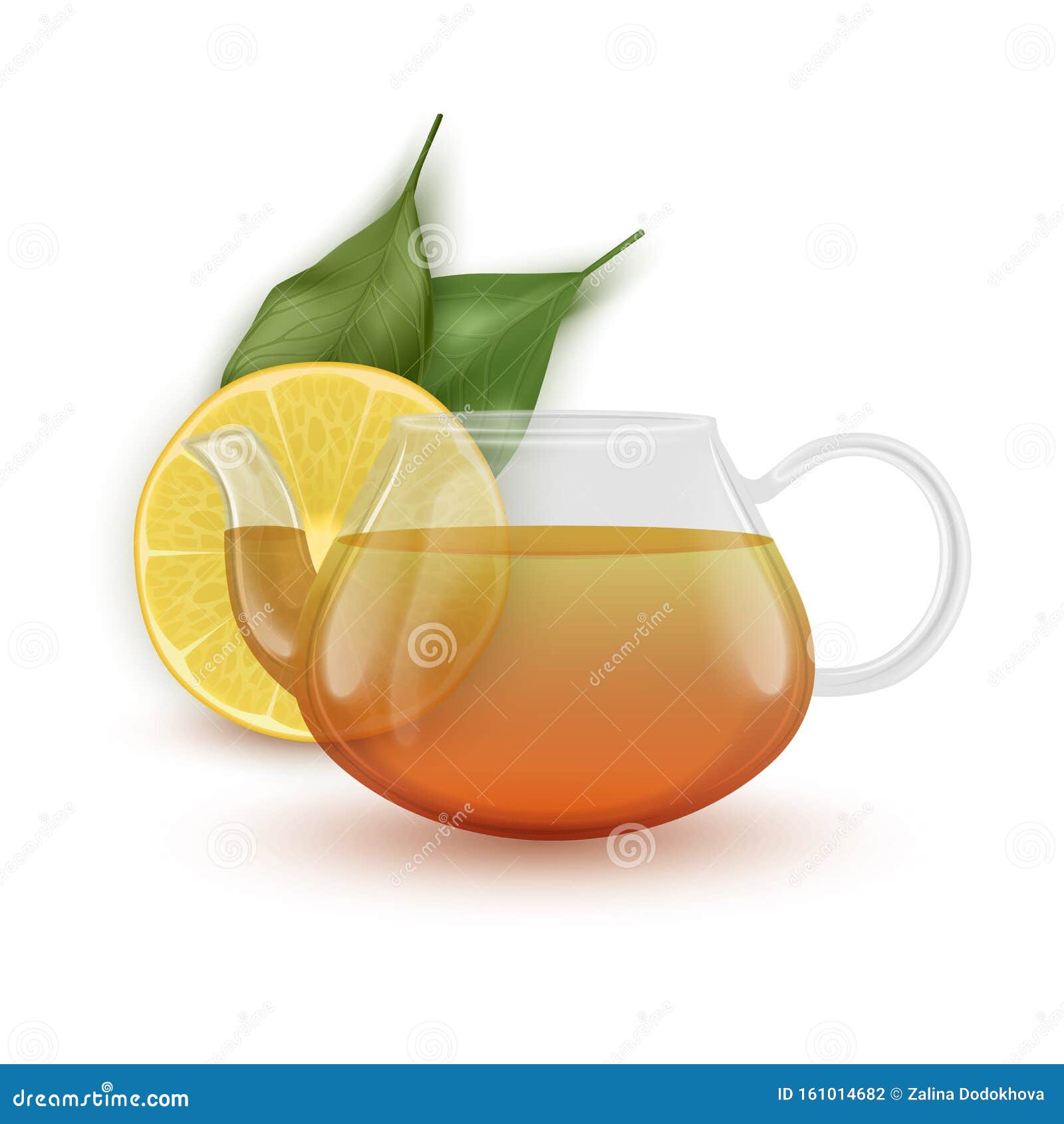 The Glass Teapot with Black Tea and Slice of Lemon, Realistic Vector