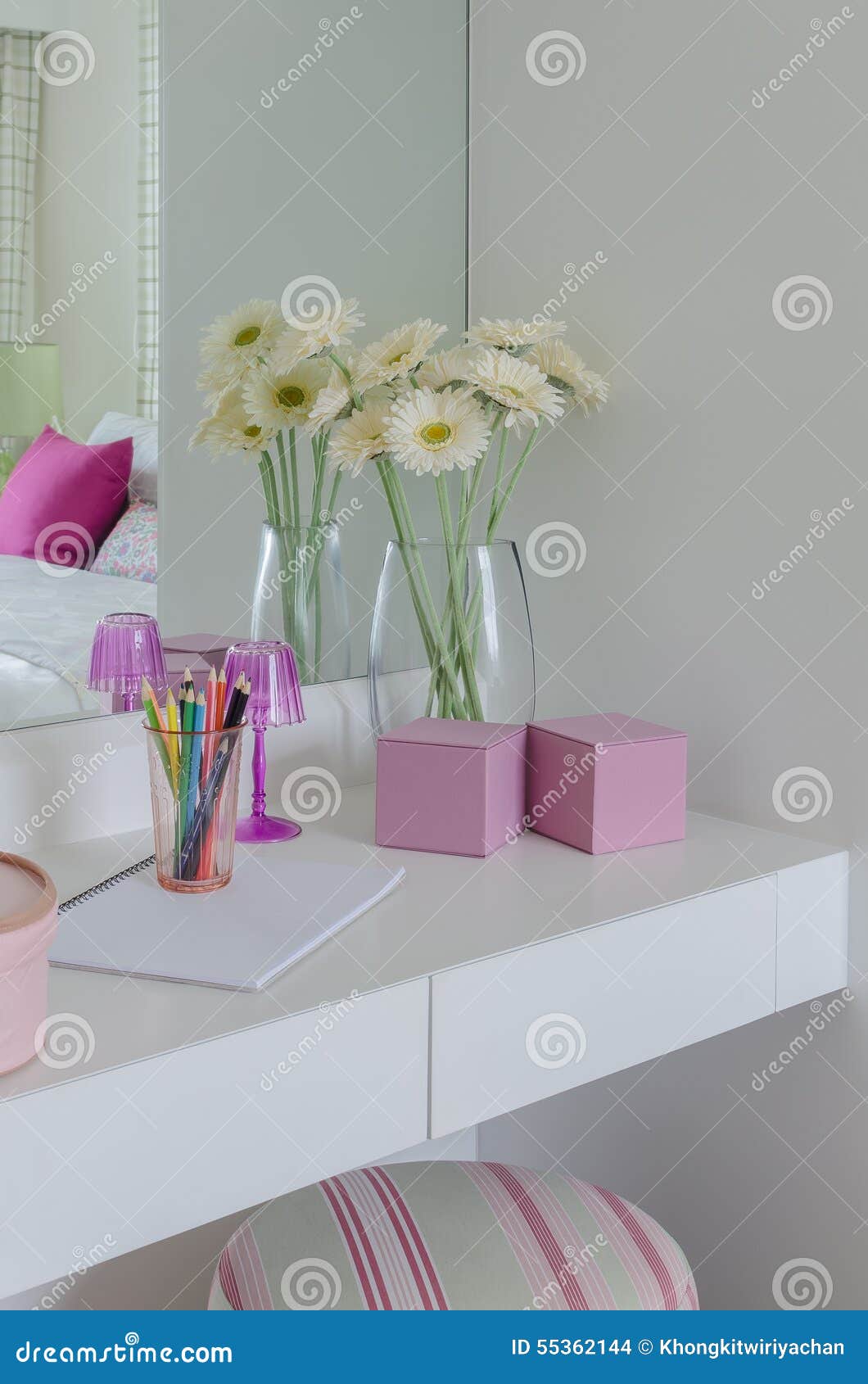 Glass Vase of Flower on White Dressing Table Stock Photo Image of