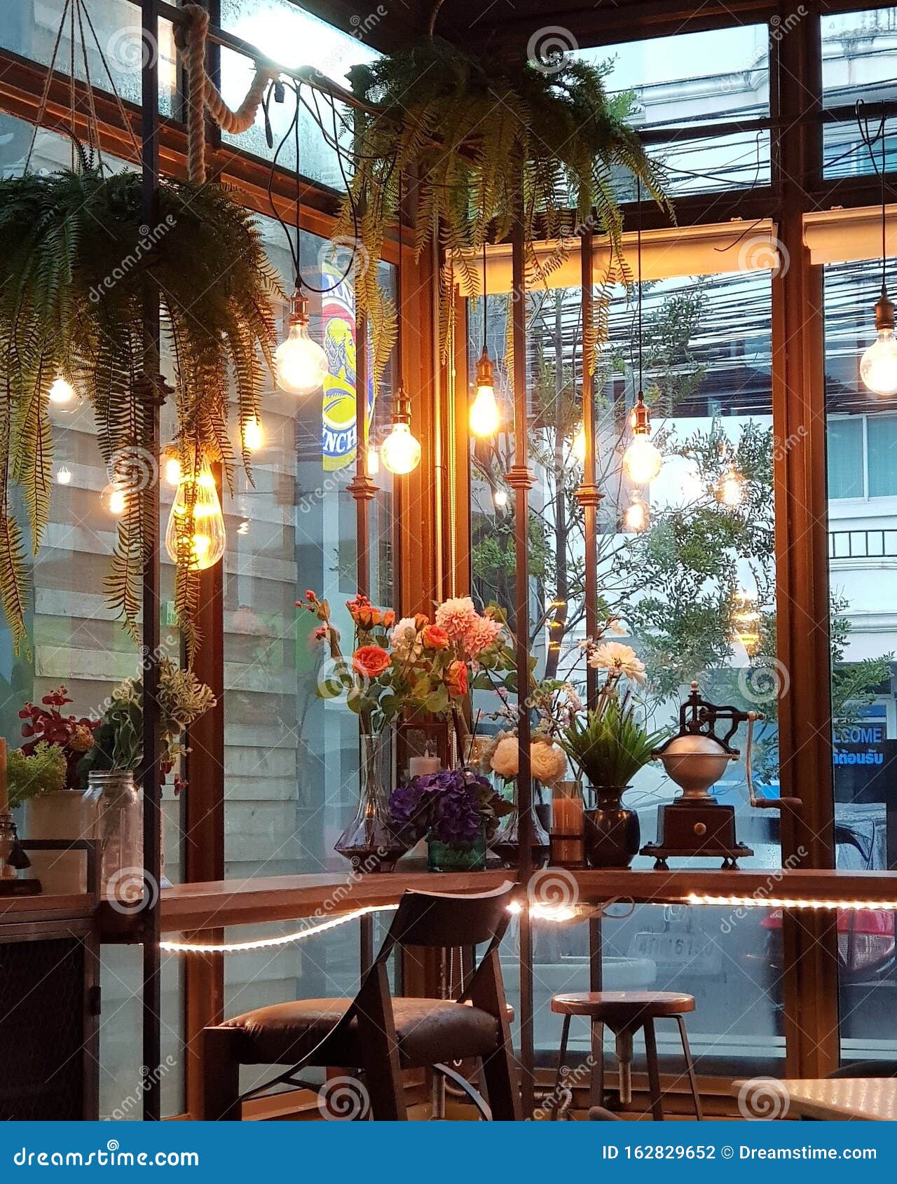 Glass Wall Flower Decoration Coffee Shop Editorial Photography Image