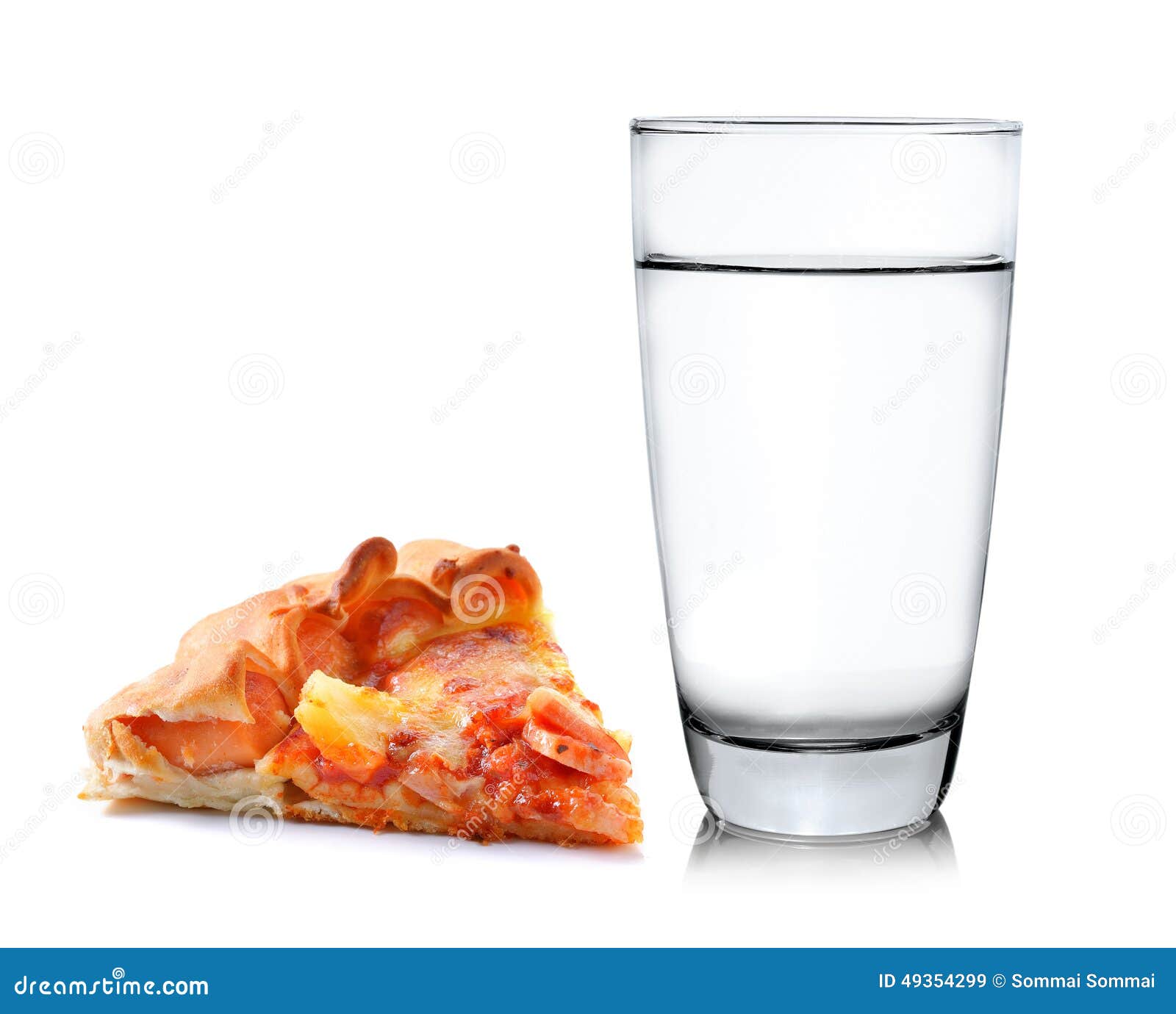 Glass of Water and Pizza on White Background Stock Image Image of