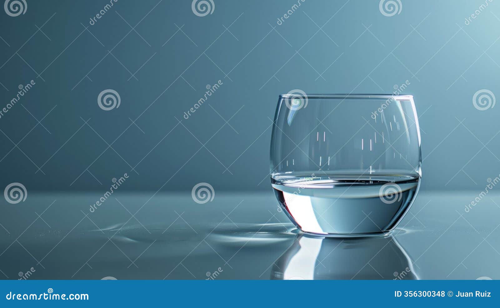 glass of water on reflective surface with blue background
