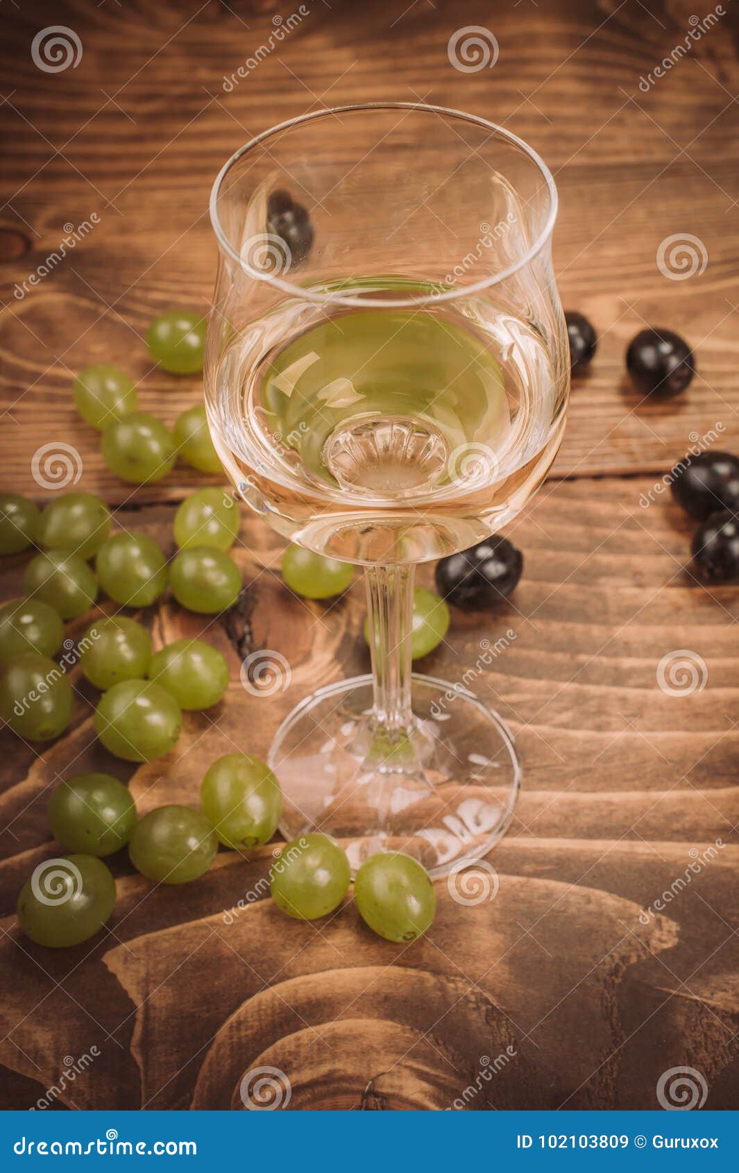 Glass of White Wine and Grapes on Rustic Wood Table Stock Image Image