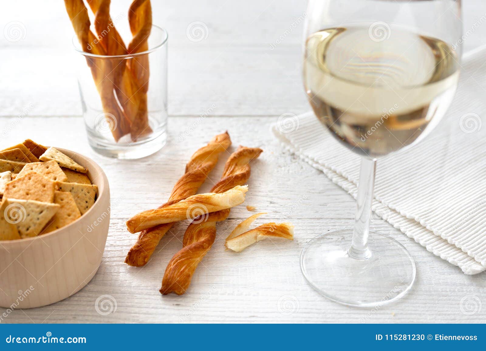 Glass of White Wine with Party Snacks on Rustic White Wooden Tab Stock Photo Image of wine