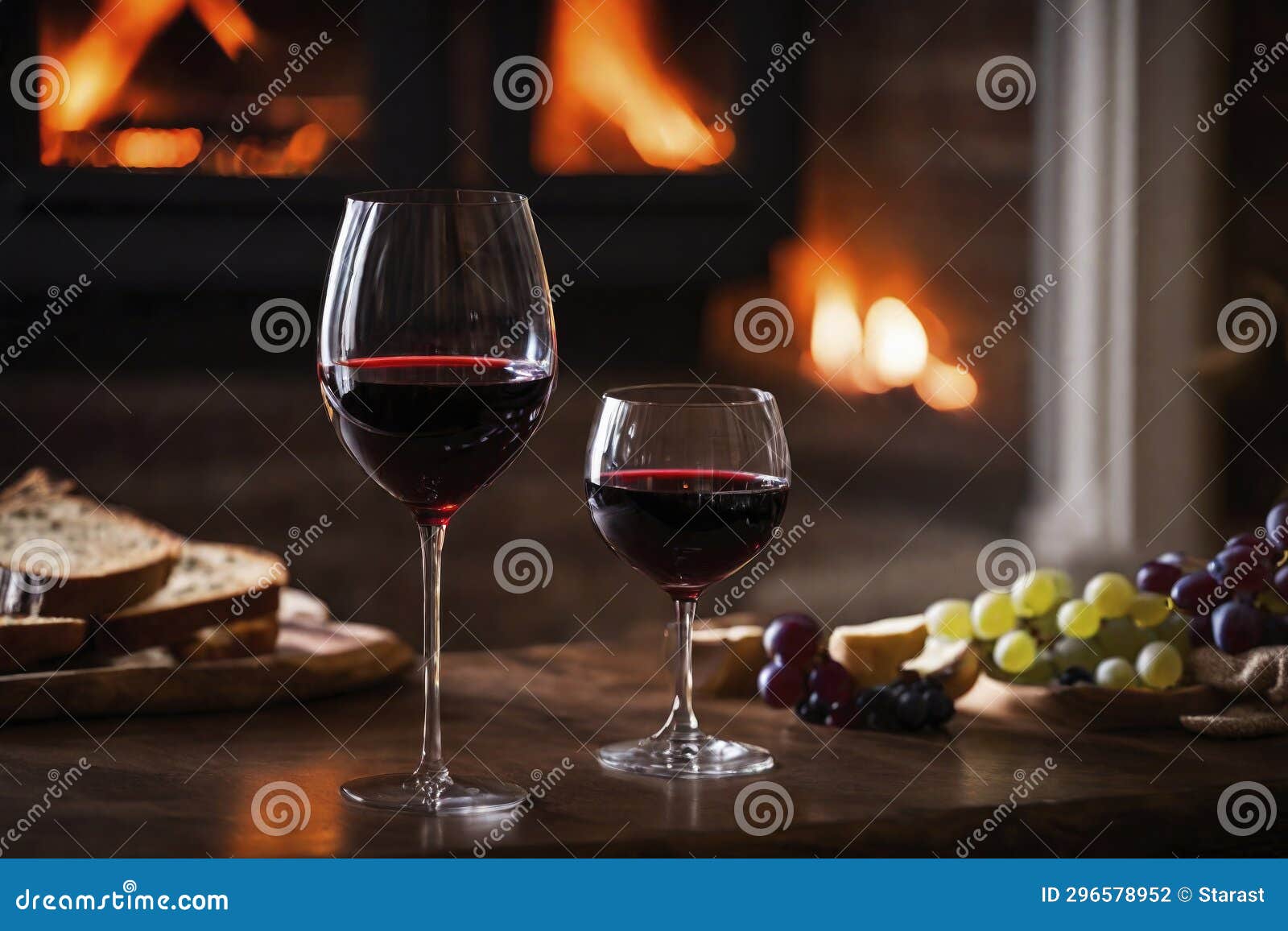 Glass of Wine on the Background of a Burning Fireplace, AI Generated