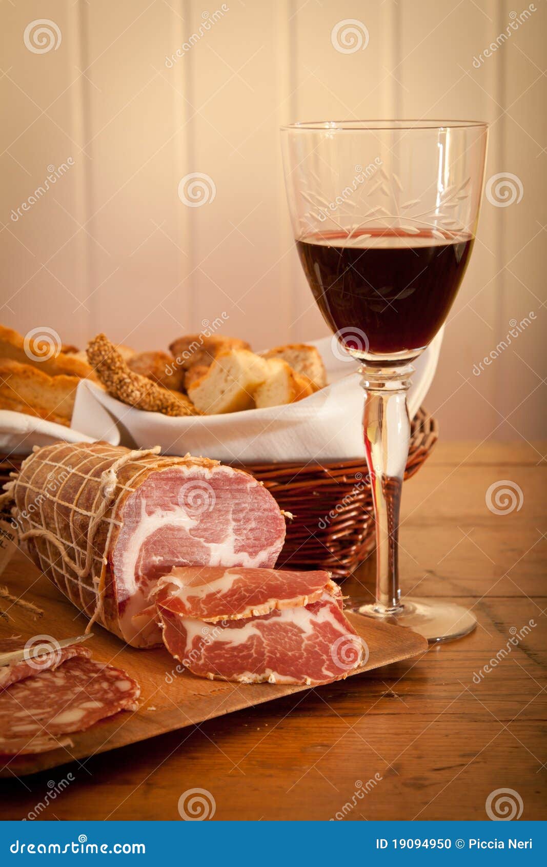 A Glass of Wine, Bread and Salami Stock Photo Image of hunger