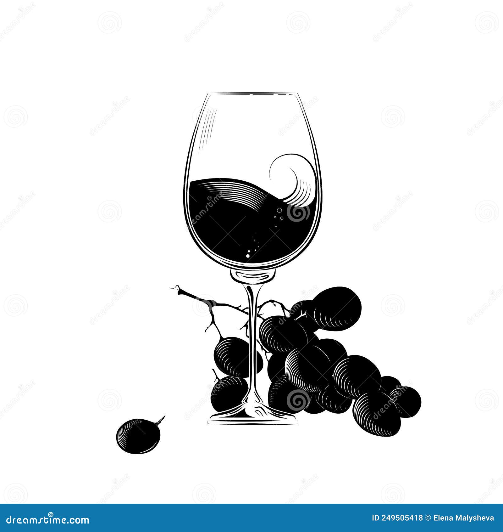 A Glass of Wine and a Bunch of Grapes in the Style of an Engraving ...