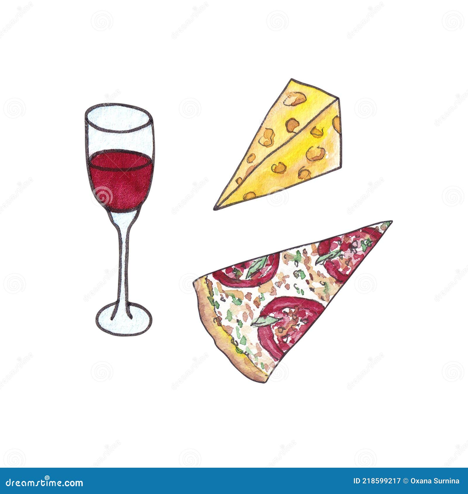 Glass of Wine and Cheese and Slice of Pizza, Clip Art, Watercolor ...