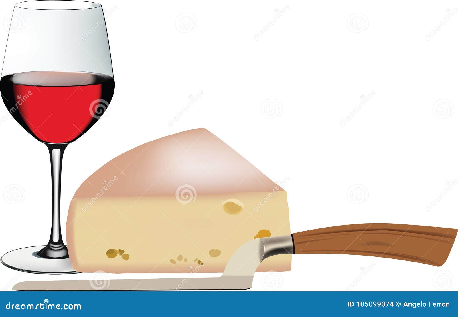 Glass of Wine Portion of Cheese and Knife Stock Vector Illustration