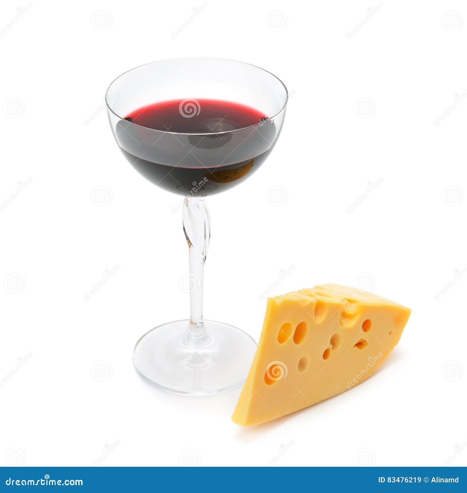 Glass of Wine and a Slice of Cheese Isolated on White Stock Image