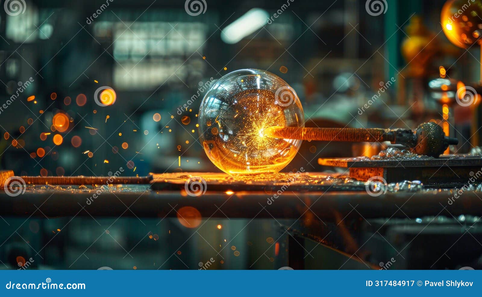 glassblower makes vase of glass in a manufactory. crucible furnace.