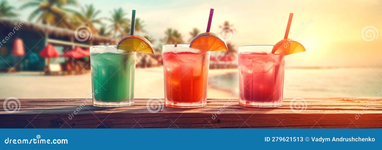 Glasses with Assorted Cocktails in the Beach Bar. Summer Vacation