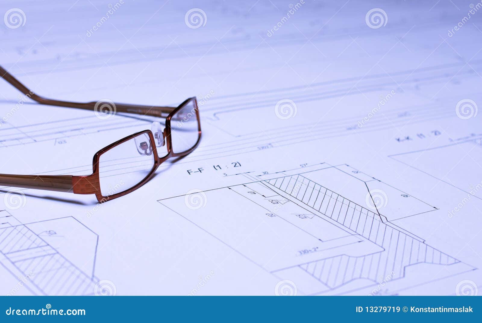 Glasses on the blueprint stock image. Image of drawing 13279719