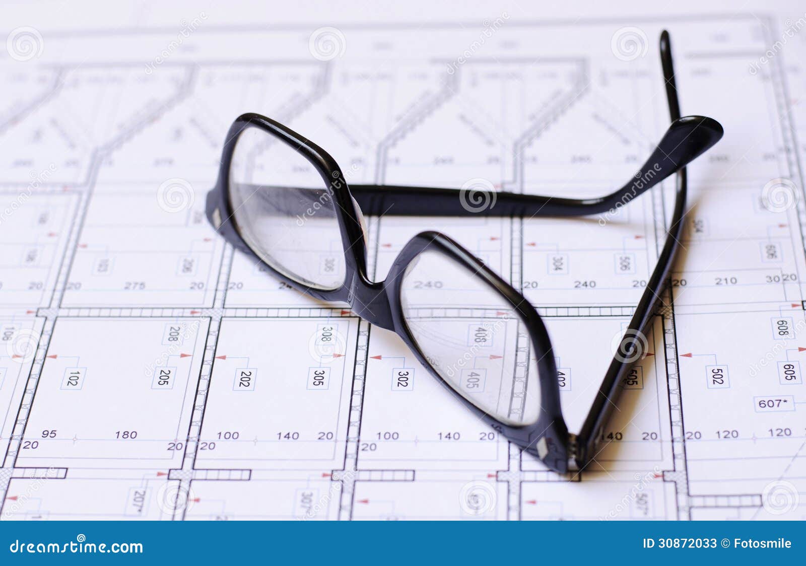 Glasses and blueprints stock image. Image of contractor 30872033