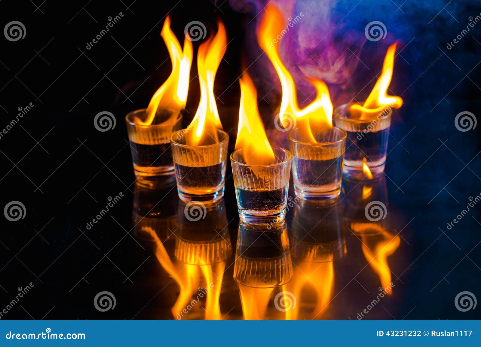 Glasses with Burning Alcohol on Black Background Stock Photo Image of