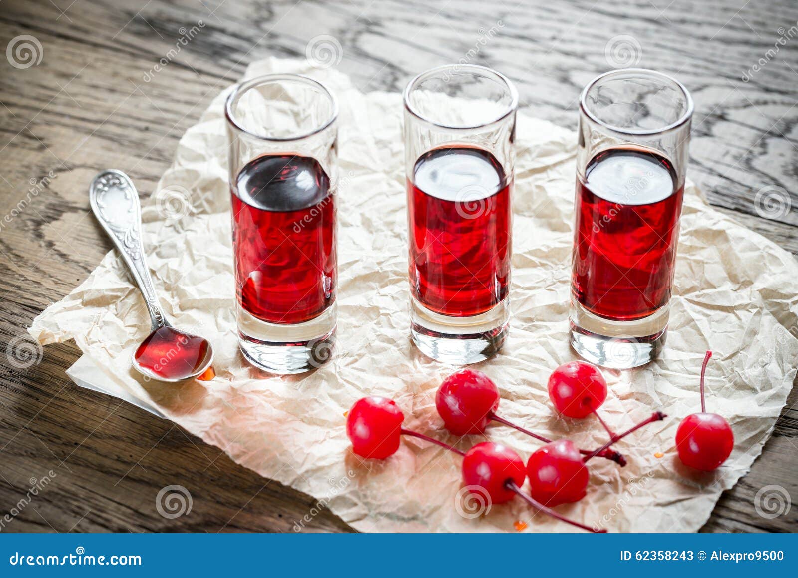 Glasses of Cherry Brandy with Cocktail Cherries Stock Image Image of