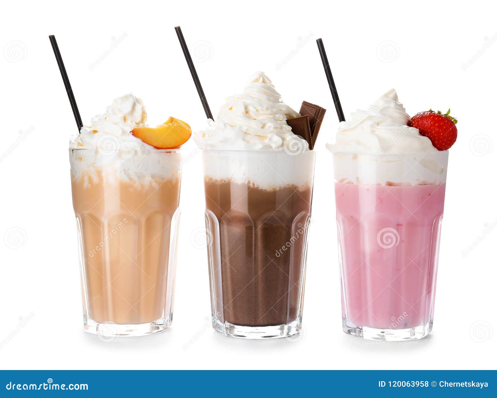glasses with milk shakes on white background