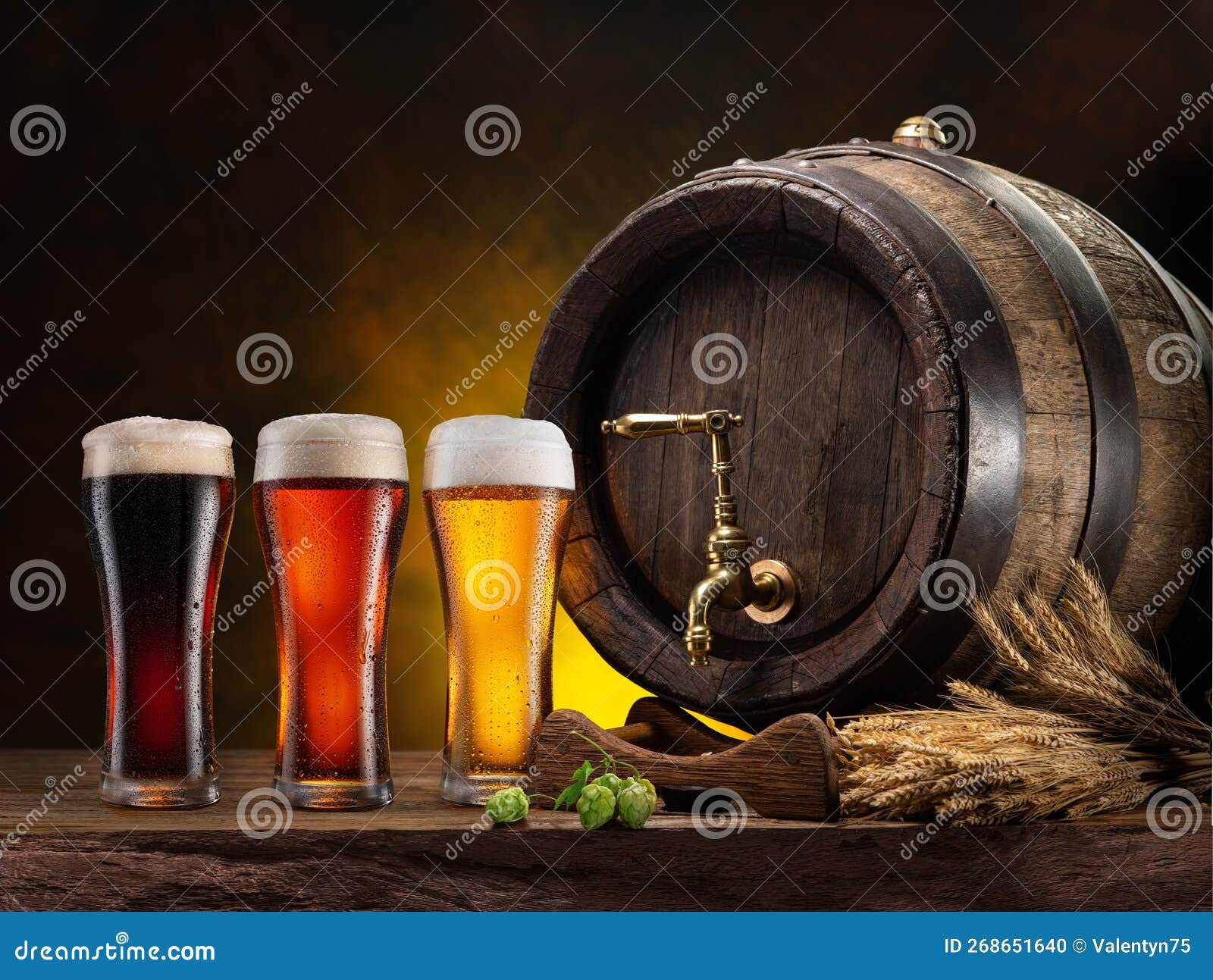 Glasses of Different Types of Chilled Beer, Beer Cask and Wheat on
