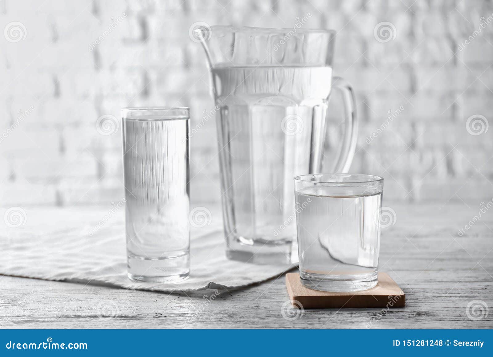 Glasses of Fresh Water and Jug on Light Table Stock Photo Image of