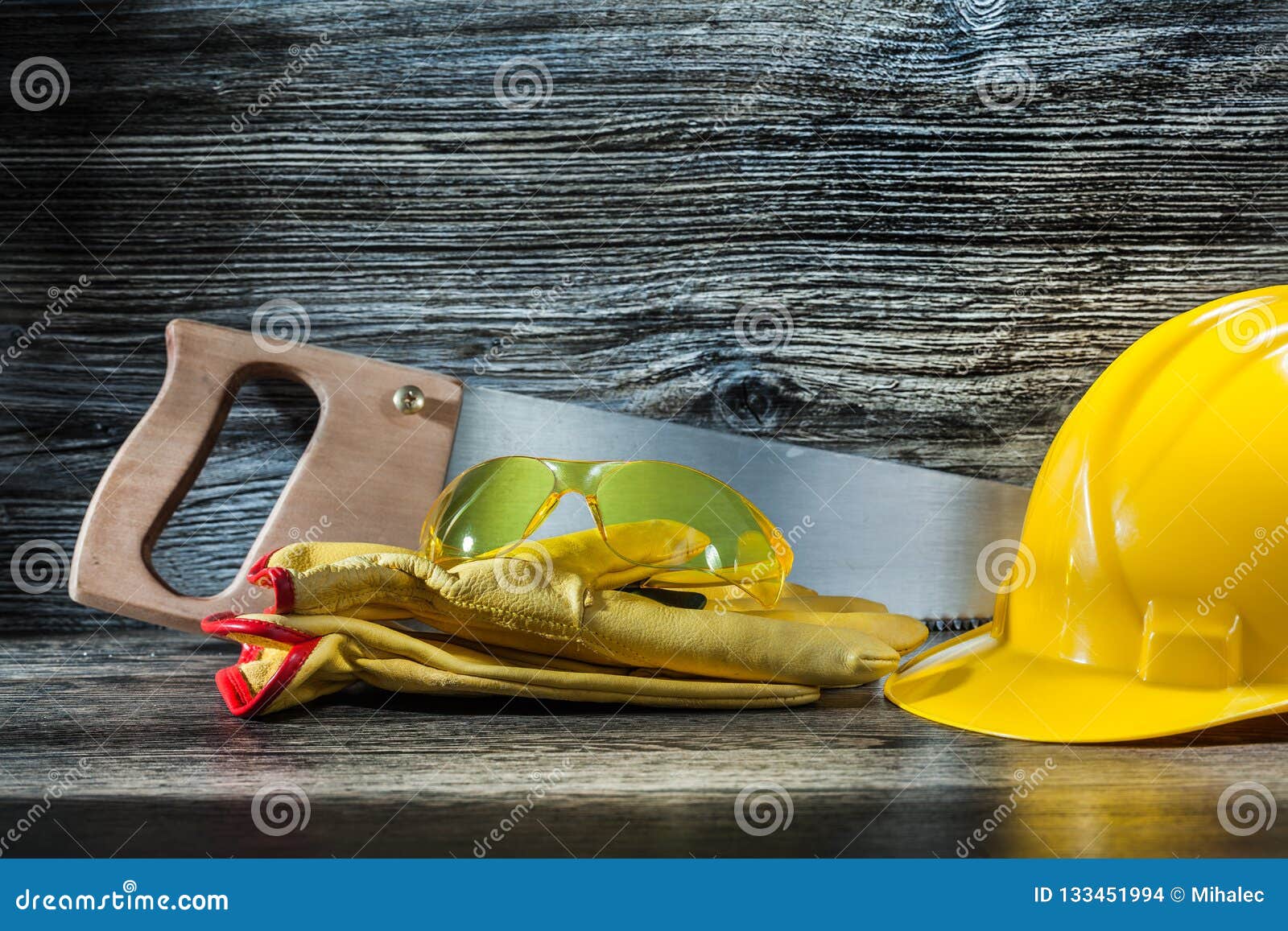 Glasses on Gloves and Handsaw with Helmet Stock Photo Image of maintenance, industry 133451994